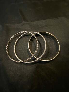 Set of 3 Silver Tone Bangle Bracelets Plain Twisted and Textured Styles